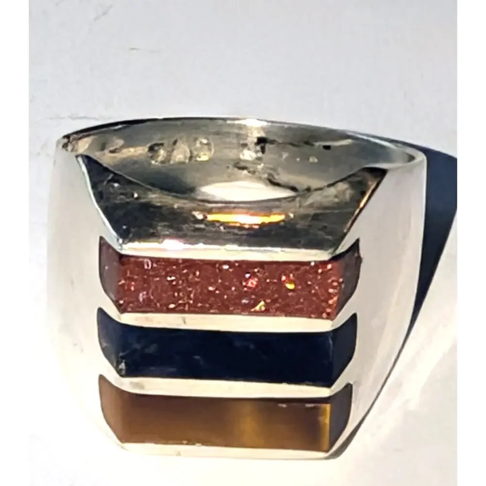 Sterling Silver 925 Taxco Ring Size 8 Goldstone Tiger’s Eye Inlay Mexico